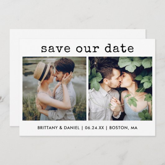 Moderne tekst voor schrijfmachine met schrijfmachi save the date (Voorkant / Achterkant)