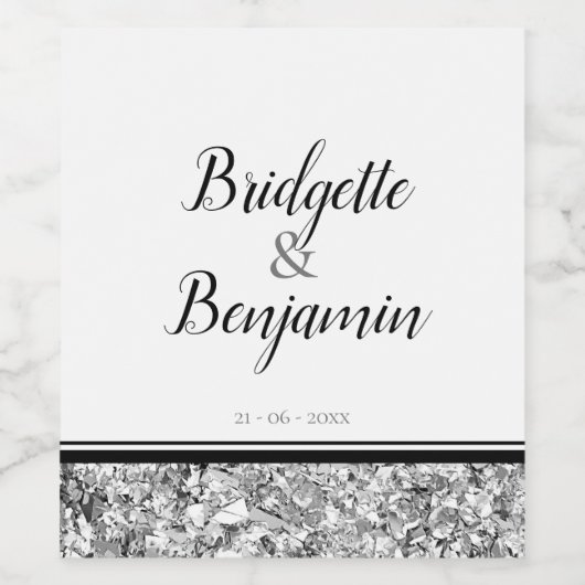 Moderne Tekst Zilveren en Zwarte Bruiloft Wijn Etiket (Enkel label)