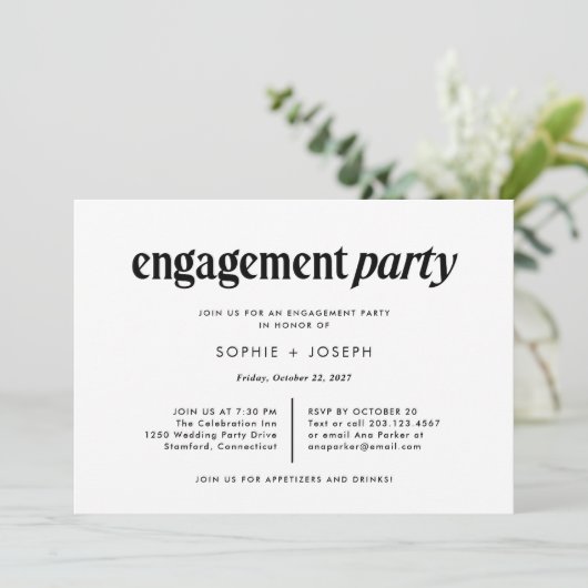 Moderne tekst | Zwart-wit verlovingsfeest Kaart (Staand voorkant)