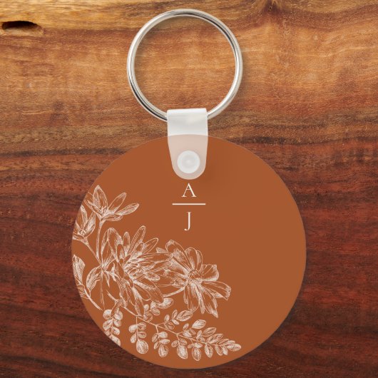 Moderne Terra Cotta Monogram Bloem Sleutelhanger (Voorkant)