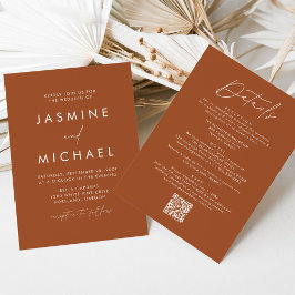 Moderne terracotta alles in één QR code bruiloft Kaart