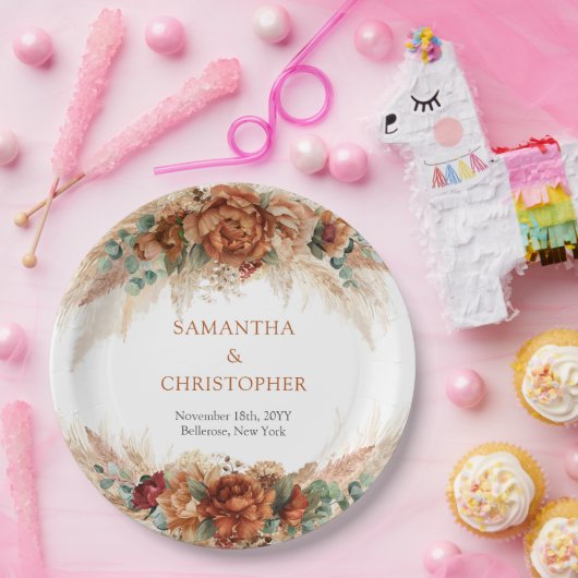 Moderne terracotta bloemen bordeaux pampas groen papieren bordje (Feest)