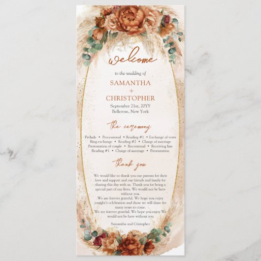 Moderne Terracotta bloemen bordeaux pampas program Programmakaart (Voorkant)