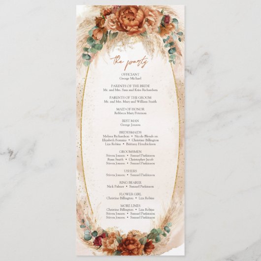 Moderne Terracotta bloemen bordeaux pampas program Programmakaart (Achterkant)