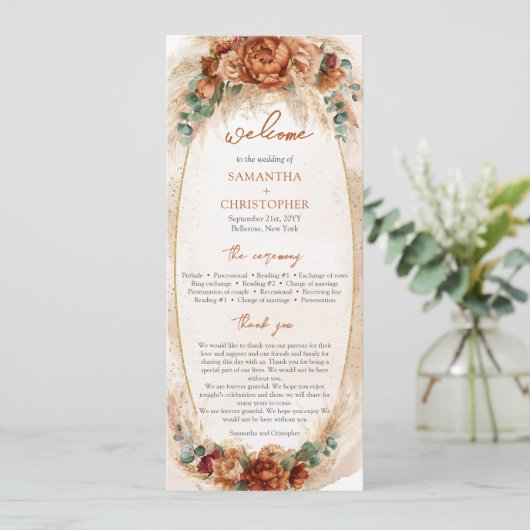 Moderne Terracotta bloemen bordeaux pampas program Programmakaart (Staand voorkant)