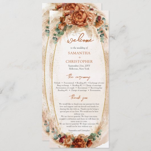 Moderne Terracotta bloemen bordeaux pampas program Programmakaart (Voorkant / Achterkant)