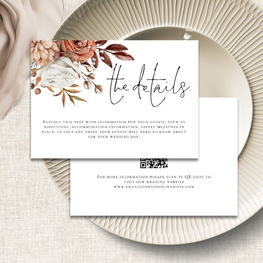 Moderne Terracotta Bloemen QR Code Details Huwelij Informatiekaartje