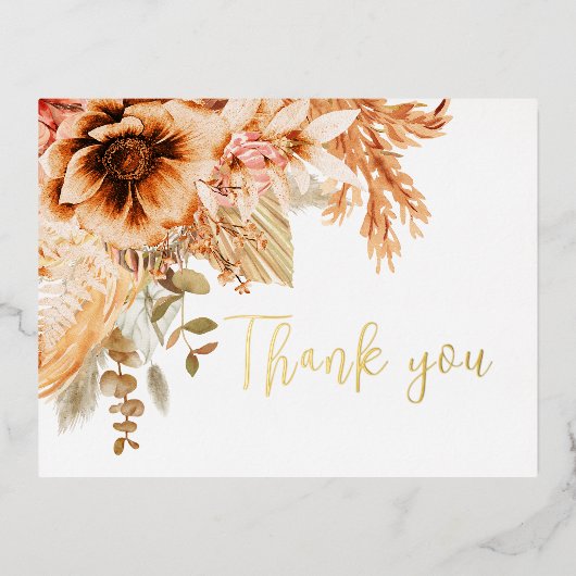 Moderne terracotta bloemenbruiloft dank u folie feestdagen briefkaart (Voorkant)