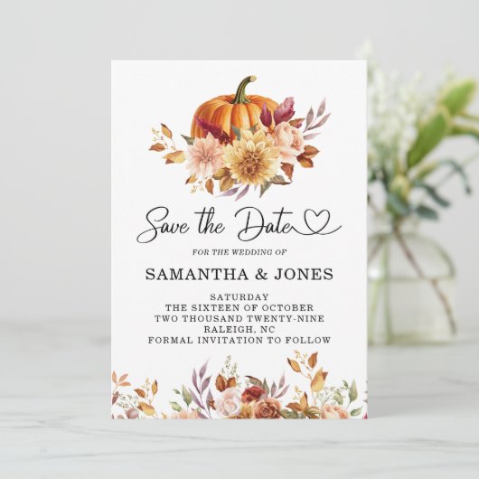 Moderne terracotta bloemige pompoen save the date (Staand voorkant)