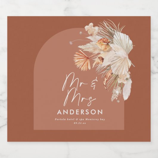 moderne terracotta bohemiaanse pampagras de heer & likeurfles etiket (Enkel label)