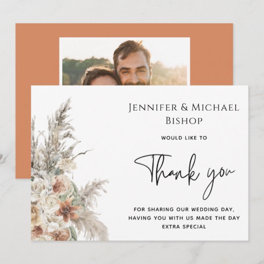 moderne terracotta bohemian pampas foto bedankt save the date (Voorkant / Achterkant)