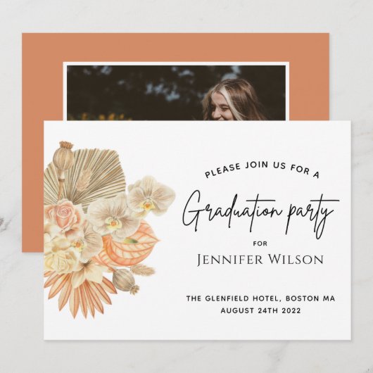 moderne terracotta bohemian pampas graduparty save the date (Voorkant / Achterkant)