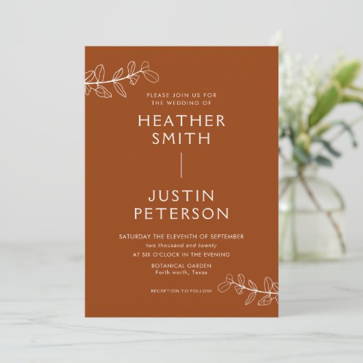 Moderne terracotta boho bruiloft uitnodigingen (Staand voorkant)
