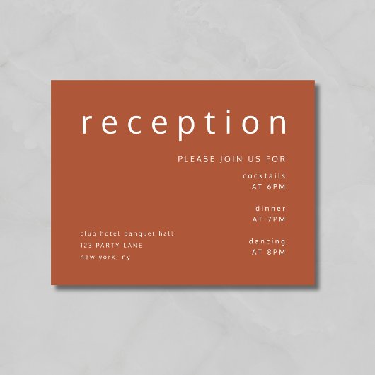 Moderne Terracotta bruiloft receptie Informatiekaartje