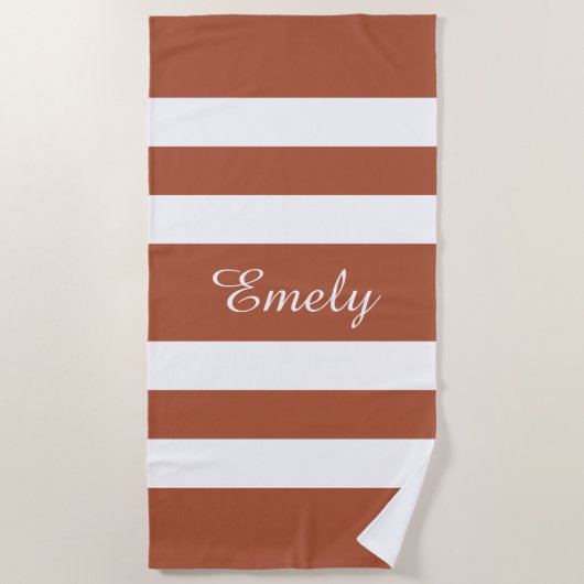 Moderne terracotta bruin gestreept naam strandlaken (Voorkant)