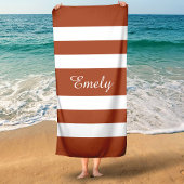 Moderne terracotta bruin gestreept naam strandlaken