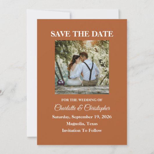 Moderne Terracotta Bruin Oranje Herfst Bruiloft Save The Date (Voorkant)