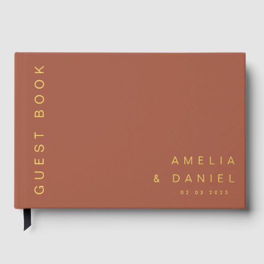 Moderne terracotta bruine bruiloft namen datum fol gastenboek (Voorkant)