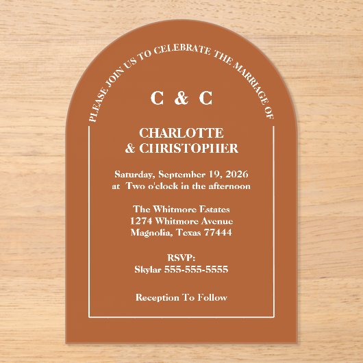 Moderne Terracotta Brunt Sinaasappel Fall bruiloft Acryl Uitnodigingen (Voorkant)