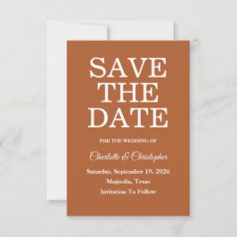Moderne Terracotta Brunt Sinaasappel Fall bruiloft Save The Date
