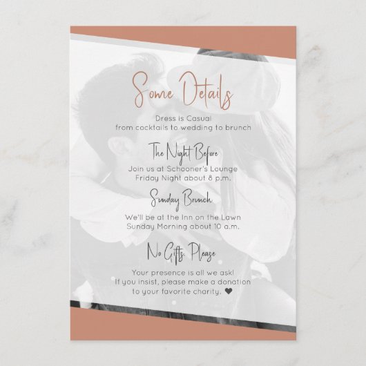 Moderne terracotta Casual bruiloft details Informatiekaartje (Voorkant)
