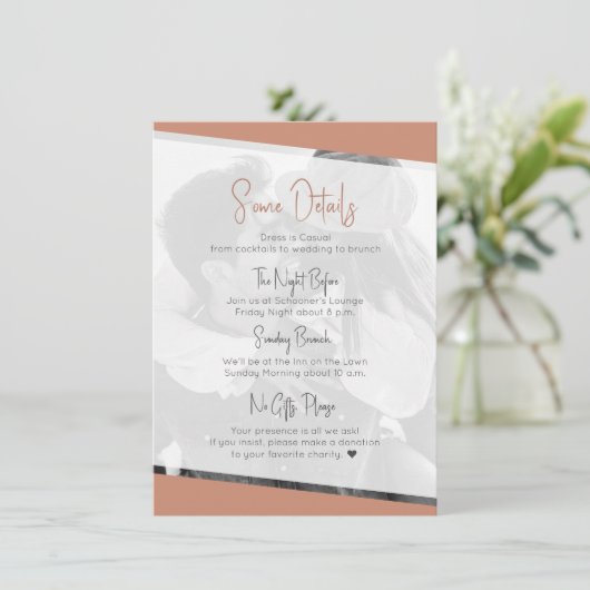 Moderne terracotta Casual bruiloft details Informatiekaartje (Staand voorkant)