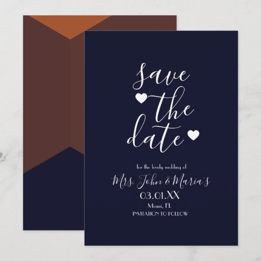 Moderne Terracotta Chocolade Navy Save the Date Kaart (Voorkant / Achterkant)