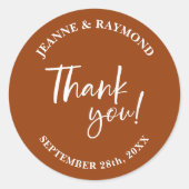 Moderne terracotta dank u script bruiloft gunst ronde sticker (Voorkant)