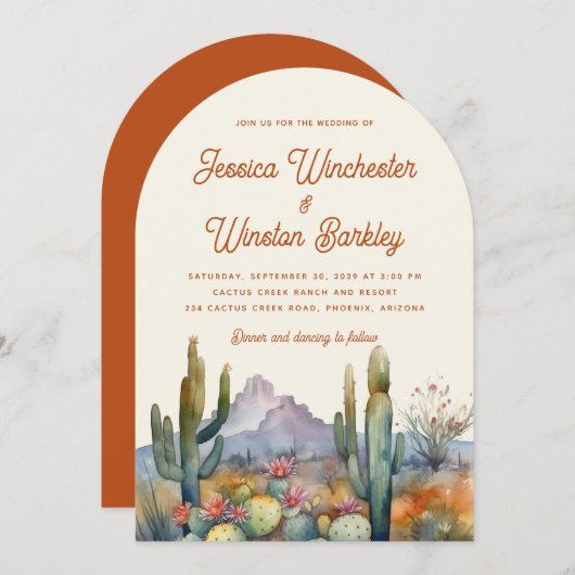 Moderne Terracotta Desert Cactus Landschap Trouwen Kaart (Voorkant / Achterkant)