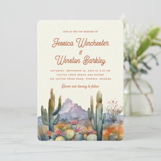 Moderne Terracotta Desert Cactus Landschap Trouwen Kaart (Staand voorkant)