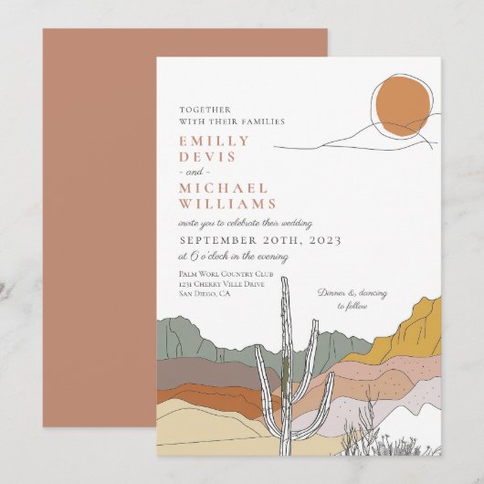 Moderne Terracotta Desert Line Art Wedding Kaart (Voorkant / Achterkant)