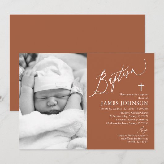 Moderne terracotta doop foto uitnodiging (Voorkant / Achterkant)