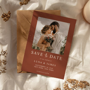 Moderne terracotta eenvoudige foto bruiloft save the date