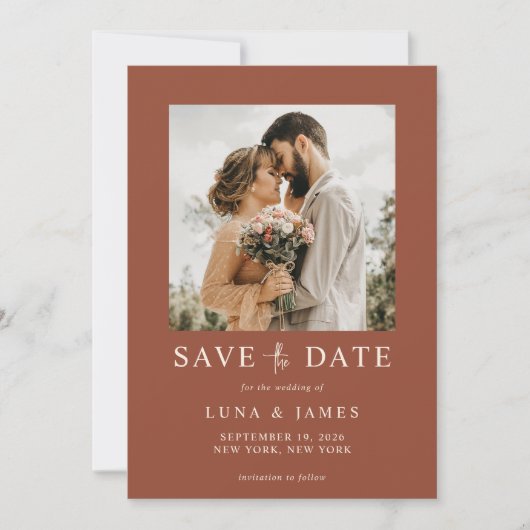 Moderne terracotta eenvoudige foto bruiloft save the date (Voorkant)