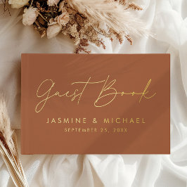 Moderne Terracotta en Gouden Folie Script Trouwkaa Gastenboek