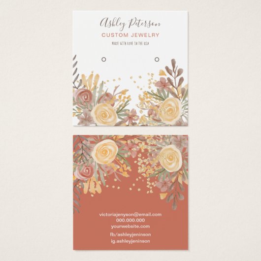 Moderne terracotta floral stud earring display vierkante visitekaartjes (Voorkant /achterkant)