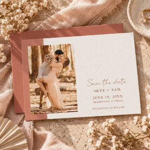 Moderne Terracotta Foto Huwelijk Opslag de Datum Save The Date