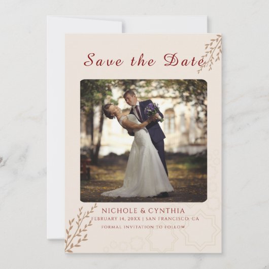 Moderne Terracotta Gebrande Oranje Boho Bruiloft Save The Date (Voorkant)