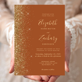 Moderne Terracotta Gouden Faux Glitter Edge Weddin Kaart