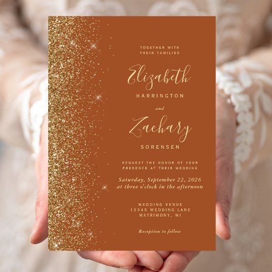 Moderne Terracotta Gouden Faux Glitter Edge Weddin Kaart