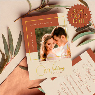 Moderne Terracotta Goudkleur Blok Foto Bruiloft Folie Uitnodiging