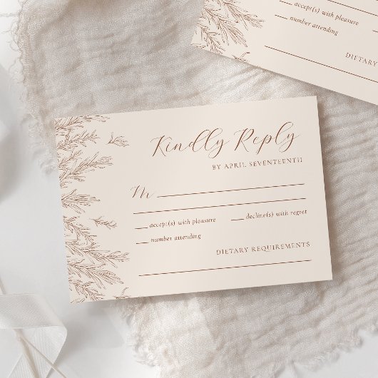 Moderne Terracotta Ivoor Minimal Leaves Wedding RSVP Kaartje