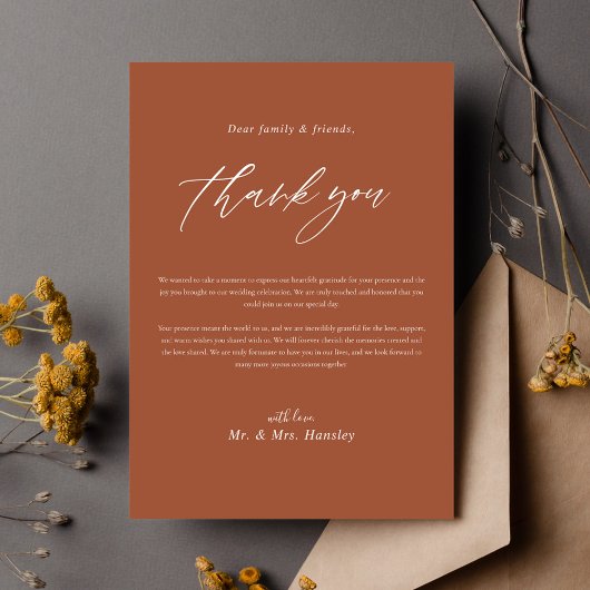Moderne terracotta kalligrafie bruiloft bedankkaart