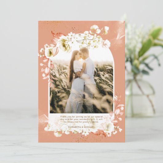 Moderne Terracotta Koraal Bloem Foto DANK JE WEL Bedankkaart (Staand voorkant)