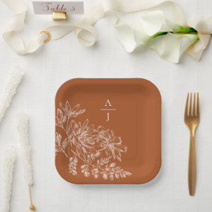 Moderne Terracotta Monogram Bloemensquare Papieren Bordje