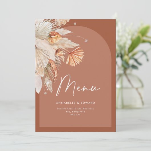 Moderne terracotta pampas save the date (Staand voorkant)