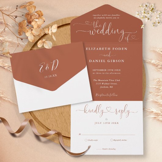 Moderne Terracotta Script Harten Minimalistische T All In One Uitnodiging