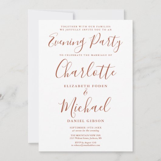 Moderne Terracotta Signature Wedding Evening Party Kaart (Voorkant)