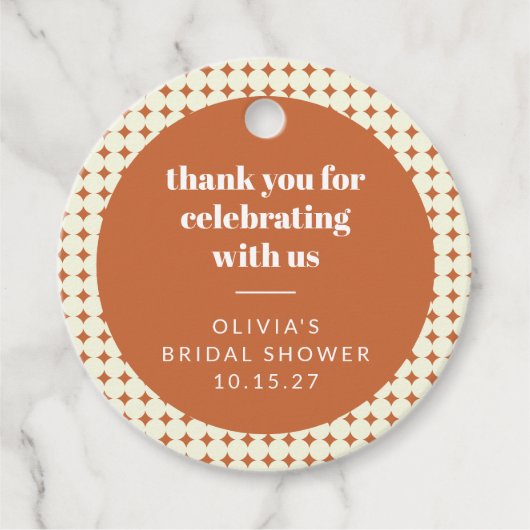 Moderne Terracotta Stippen Bruiloft Feest Aangepas Bedankjes Labels (Voorkant)