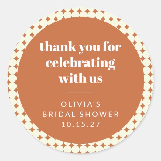 Moderne Terracotta Stippen Bruiloft Feest Aangepas Ronde Sticker (Voorkant)